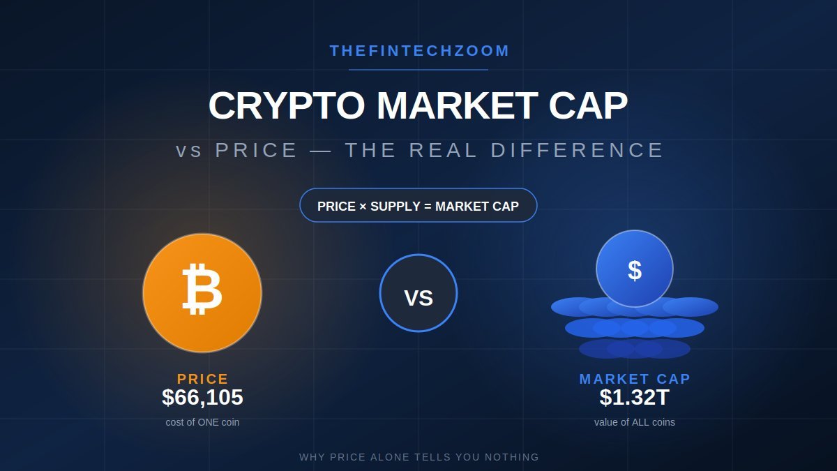 Crypto market cap vs price difference comparison showing Bitcoin price $66,105 vs market cap $1.32T