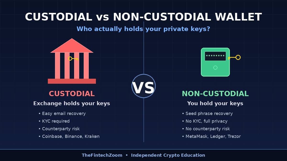 Custodial vs non custodial wallet comparison showing exchange-held keys versus self-custody
