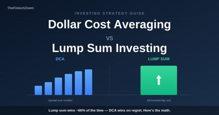 Dollar cost averaging vs lump sum investing comparison chart showing DCA staggered bars and lump sum block — TheFintechZoom