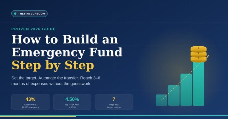 How to build emergency fund step by step — 2026 proven guide showing rising savings steps and coin stack