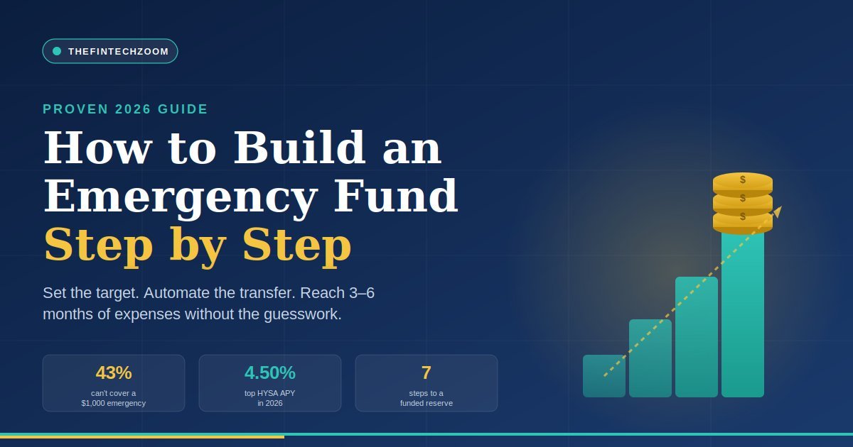 How to build emergency fund step by step — 2026 proven guide showing rising savings steps and coin stack