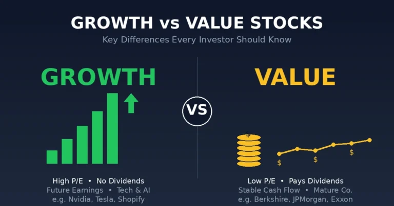 Growth stocks vs value stocks comparison showing rising bar chart for growth and steady dividend coin stack for value