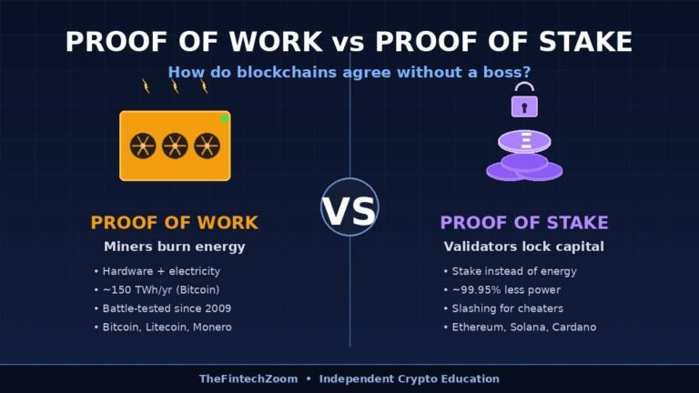 Proof of work vs proof of stake comparison showing mining hardware versus staked cryptocurrency