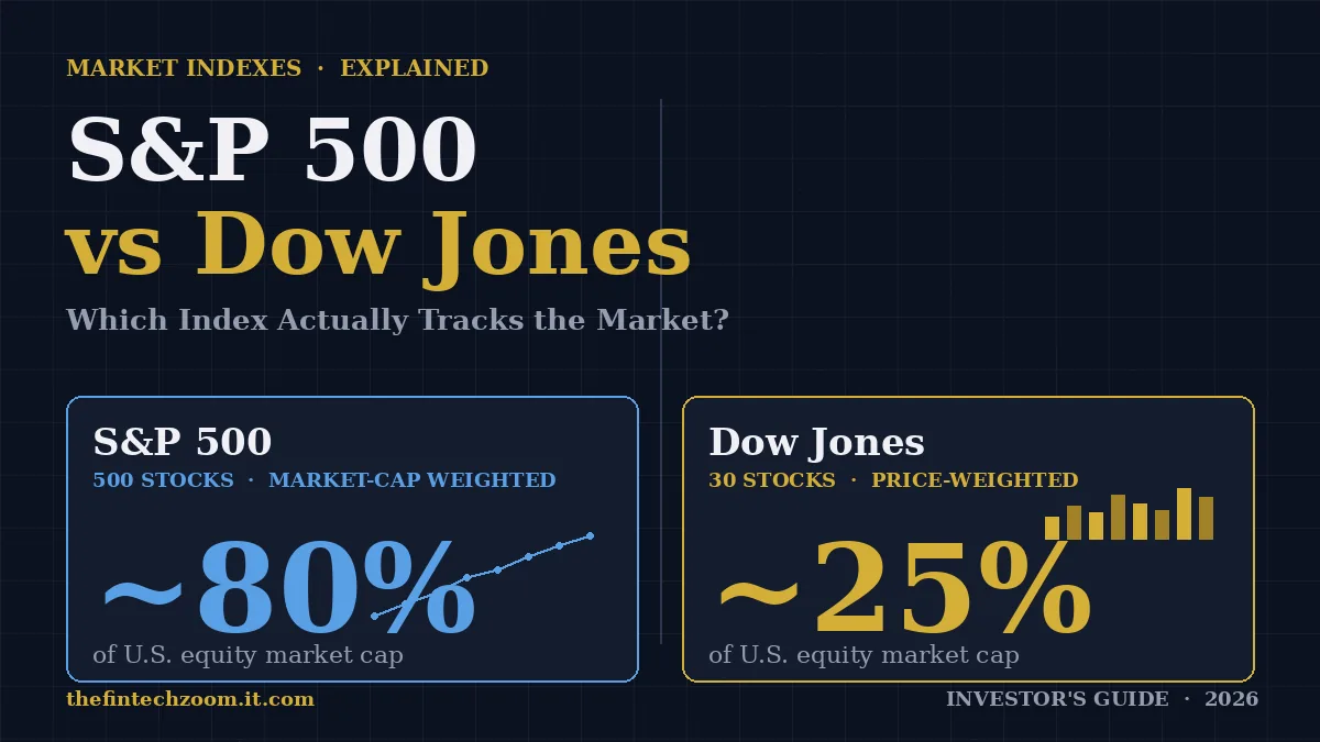 Comparison graphic showing S&P 500 vs Dow Jones — 500 stocks at 80% market cap vs 30 stocks at 25% market cap.