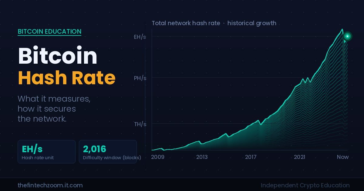 Bitcoin hash rate chart showing historical network growth from megahashes to exahashes, with security metrics