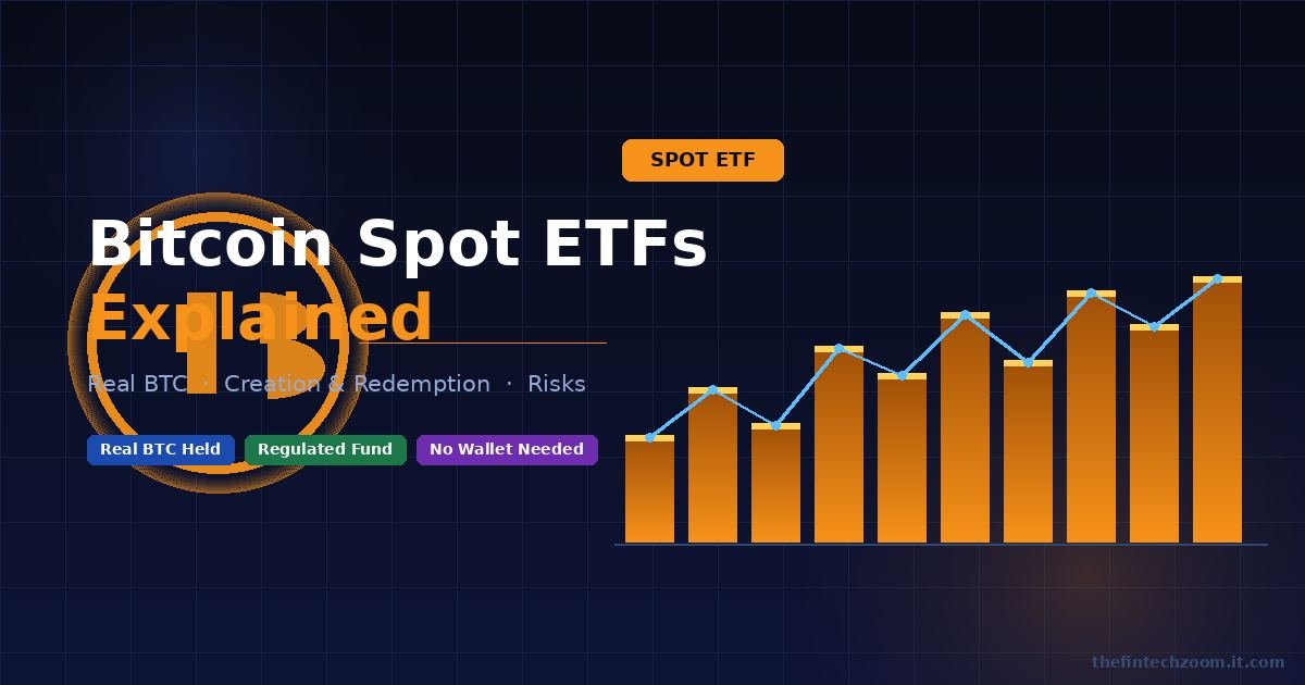 How do bitcoin spot ETFs work — chart showing BTC custody, bars, and ETF structure on dark background