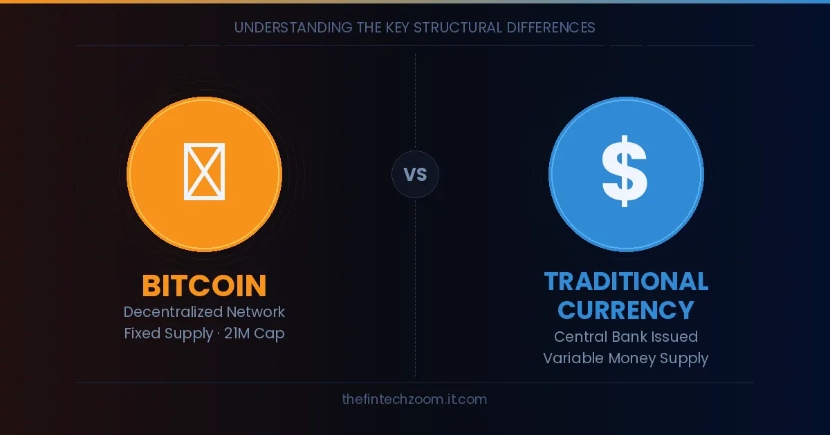 Difference between bitcoin and traditional currency — orange bitcoin ₿ symbol versus blue dollar sign on dark background