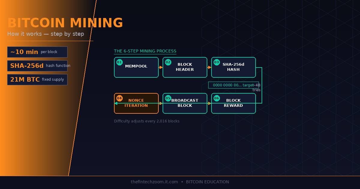 How does bitcoin mining work — six-step flow diagram showing mempool, block header, SHA-256 hashing, nonce iteration, broadcast, and reward