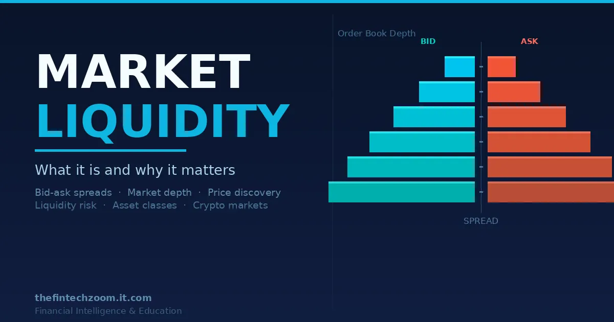 Market liquidity concept showing order book depth with bid and ask price levels, for investors and analysts