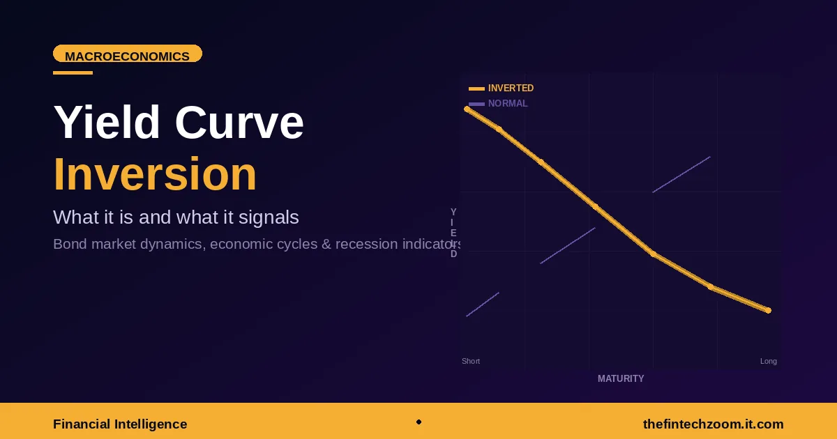 Yield curve inversion chart showing inverted vs normal bond yield curves with macroeconomics label on dark background